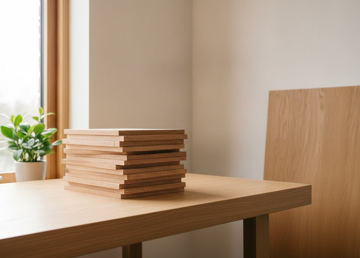 Small plywood panels stacked on a timber desk beside a window