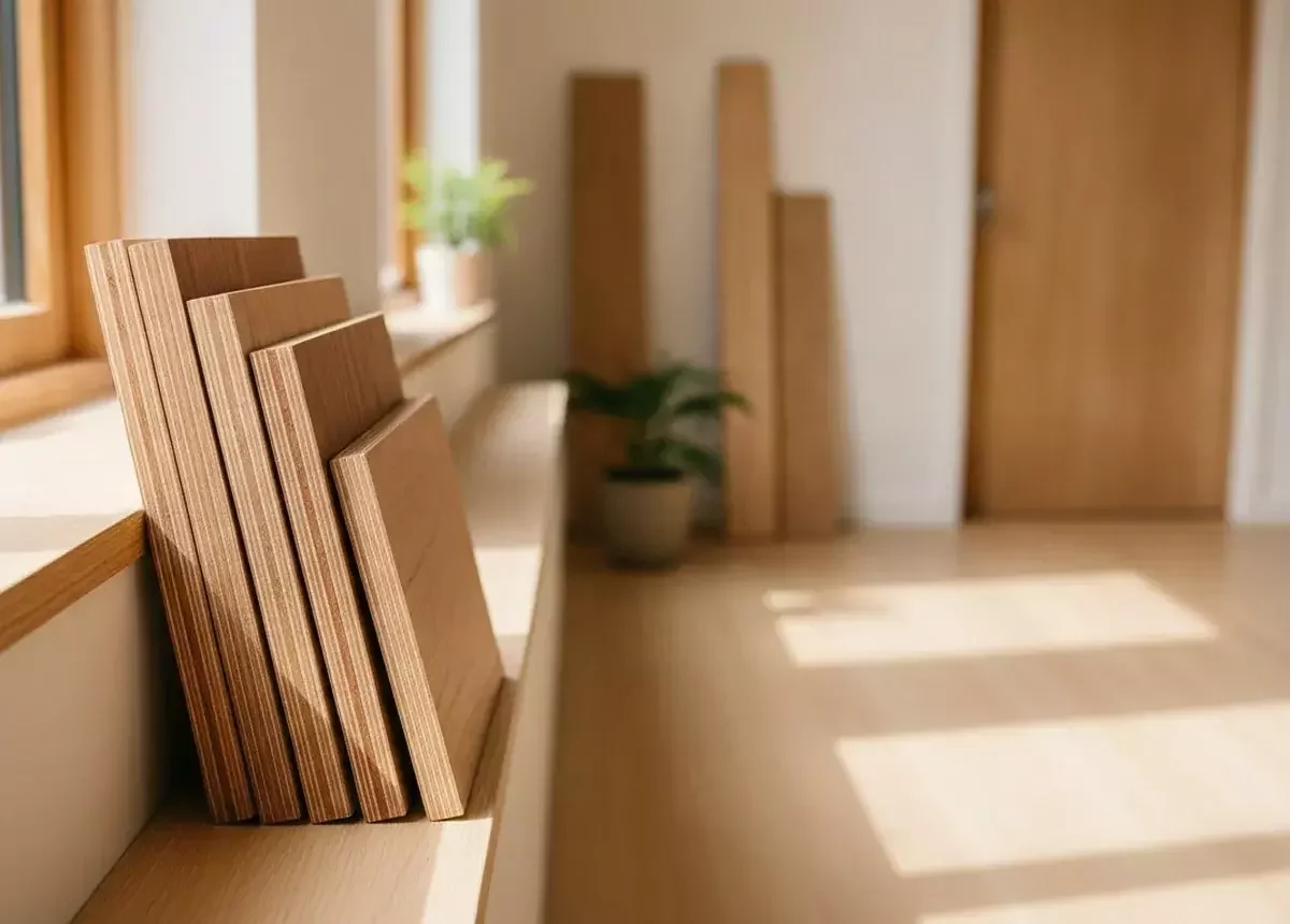 Plywood samples leaning beside a sunlit window in a warm timber interior