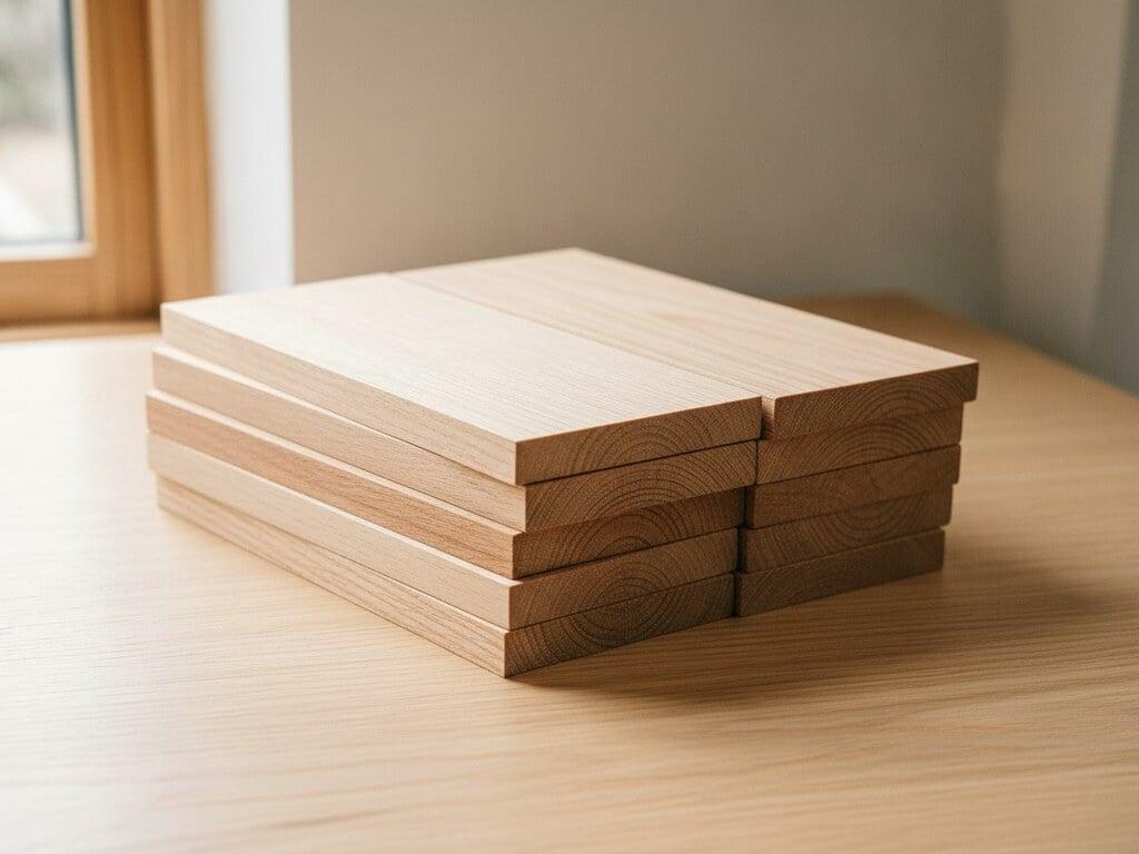 Representative solid-wood board samples stacked beside a window