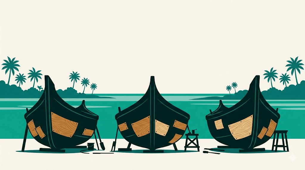 Marine plywood used in coastal boatyard for fishing fleet construction