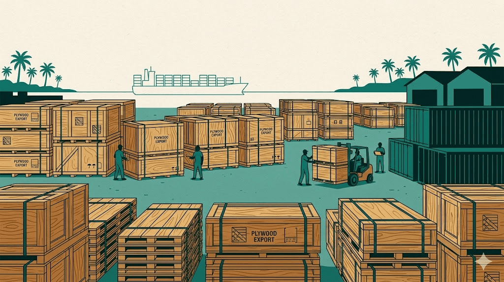 Industrial export crates and pallets stacked for a manufacturing client
