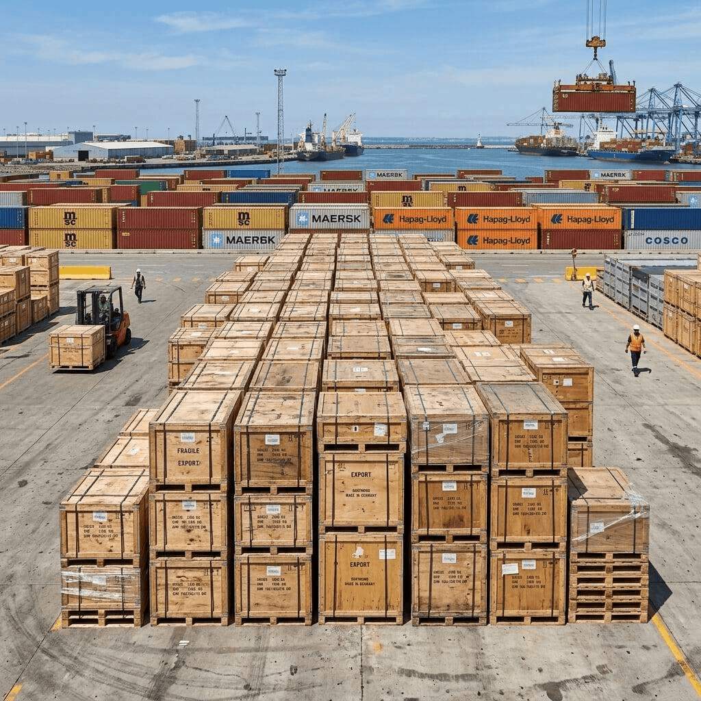 Industrial export crates and pallets stacked for a manufacturing client