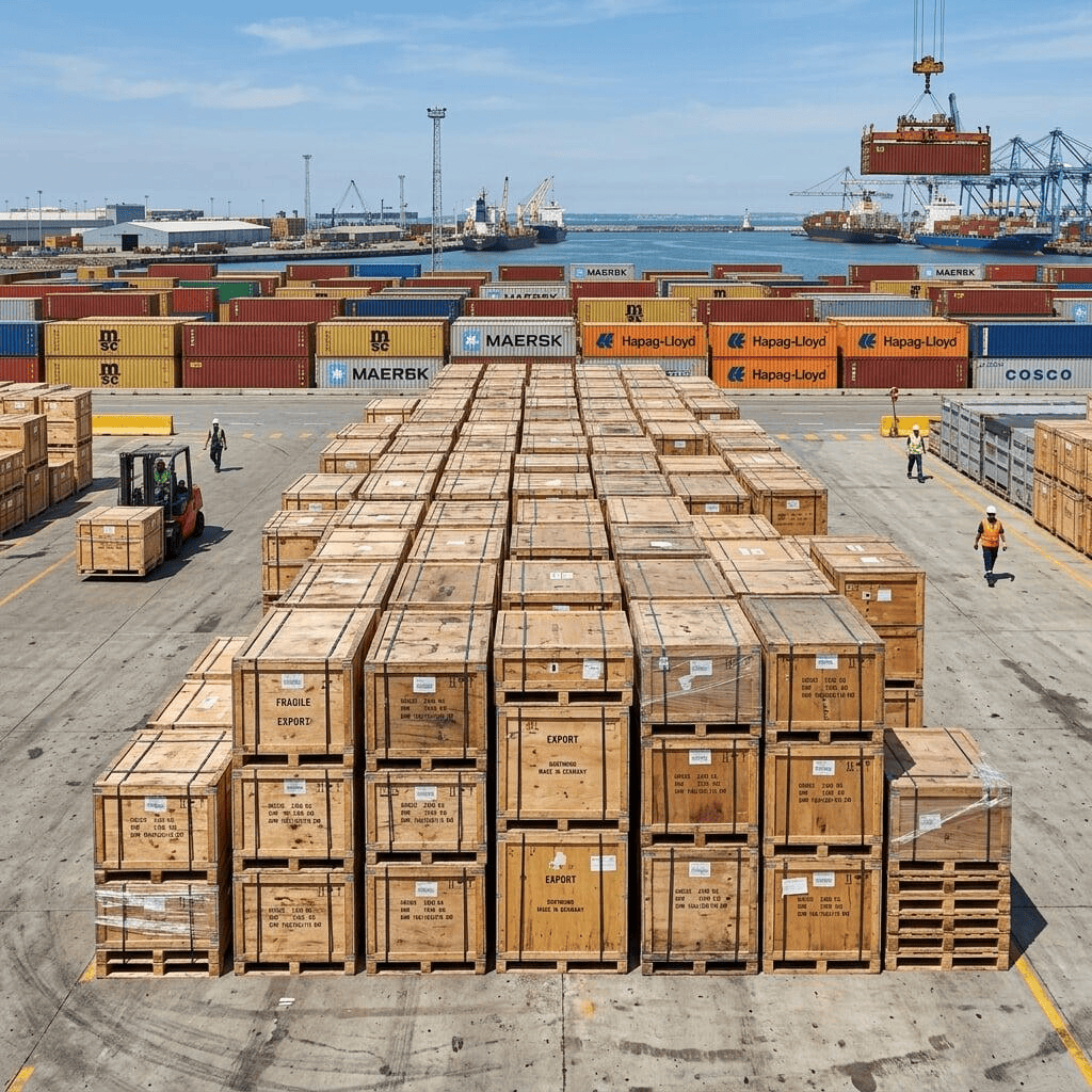 Industrial export crates and pallets stacked for a manufacturing client
