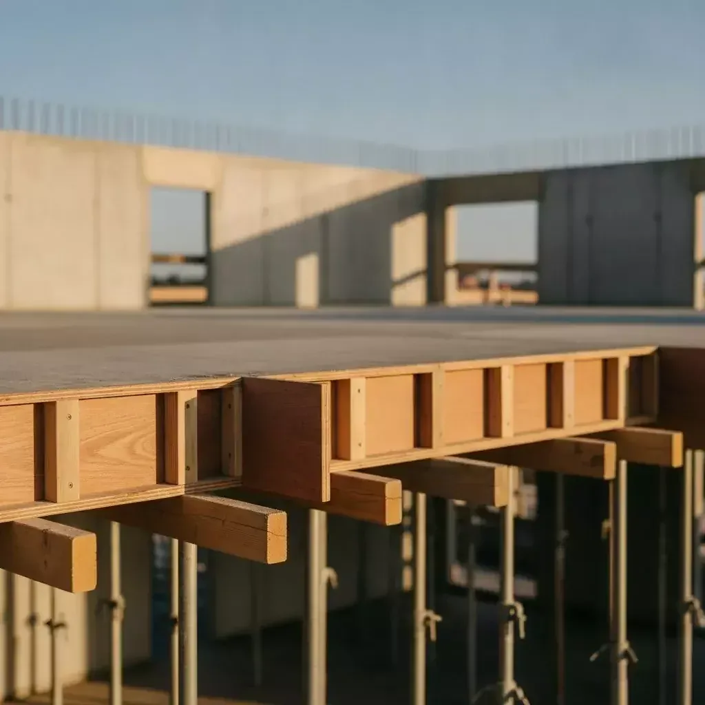 Timber formwork beams on adjustable props at a concrete slab edge