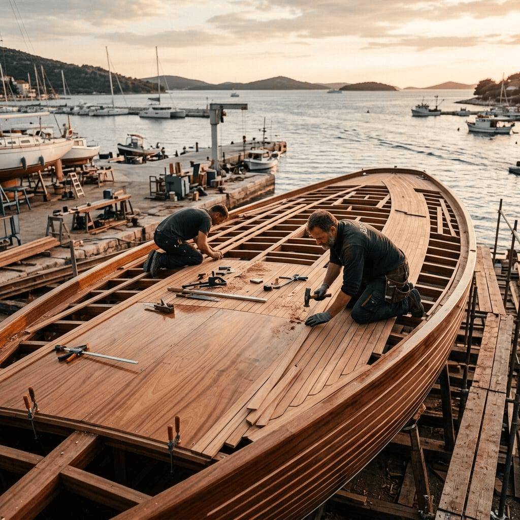 Marine plywood used in coastal boatyard for fishing fleet construction