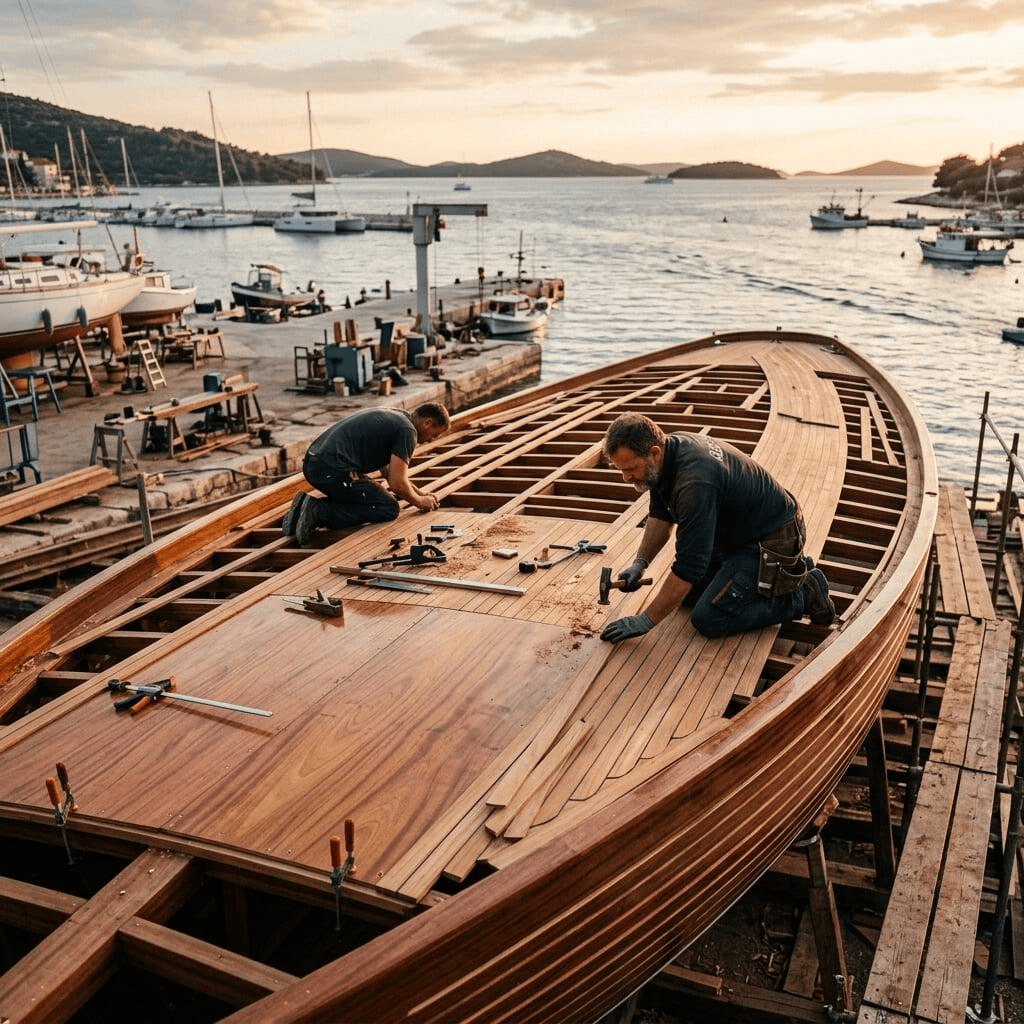 Coastal boatyard at sunset with wooden hull mid-construction in Cochin Wood BWP marine plywood