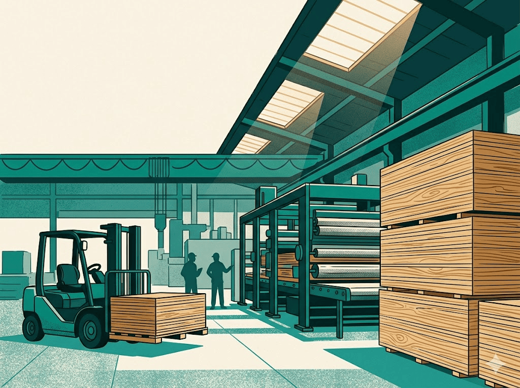 Cochin Wood Industries factory exterior in Perumbavoor, Kerala, with finished plywood panels stacked