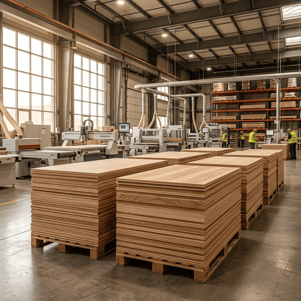 Cochin Wood Industries factory exterior in Perumbavoor, Kerala, with finished plywood panels stacked