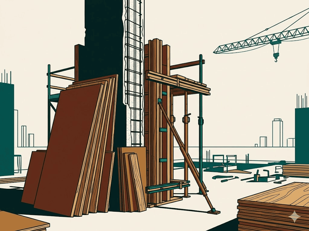 Concrete formwork on a high-rise construction site using shuttering plywood