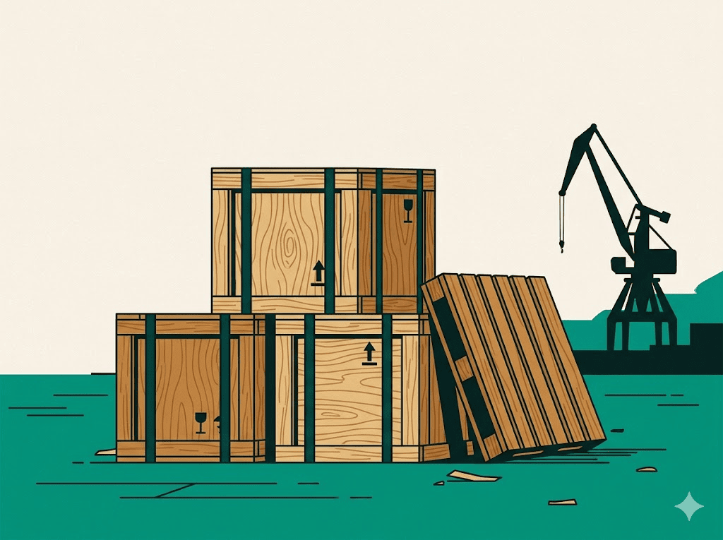 Export crates, pallets and cable drums stacked at port for shipping