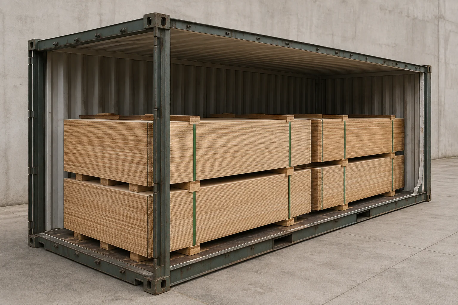 Cutaway view of dense plywood bundles inside a steel container with empty headroom.