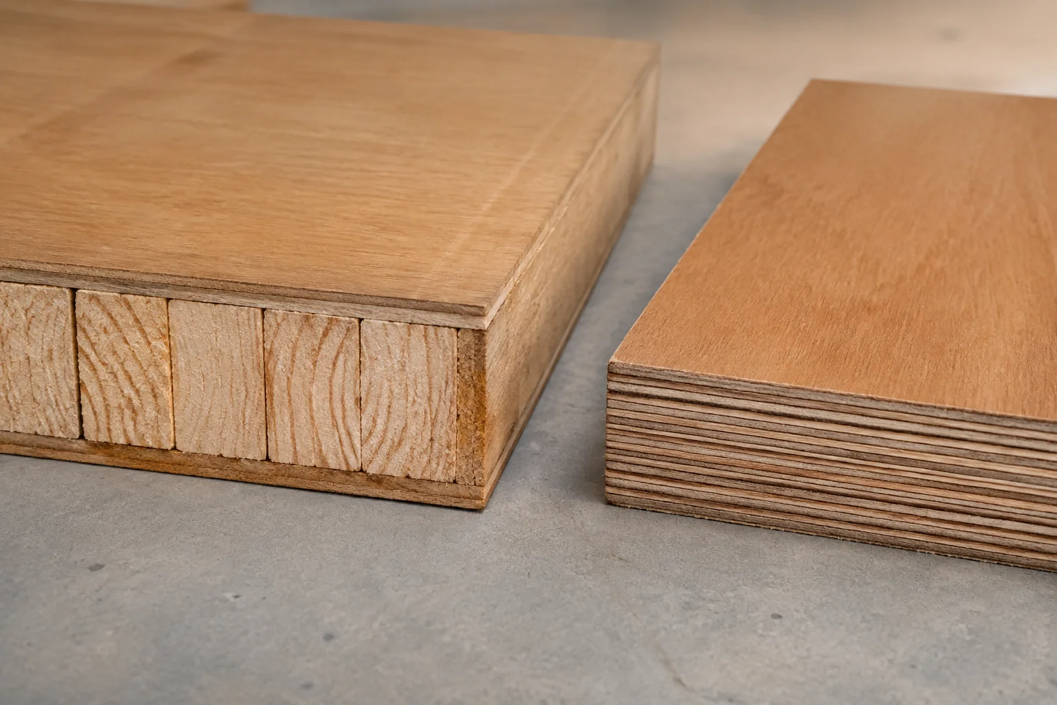 Exposed solid-batten block-board core beside thin plywood veneer layers.