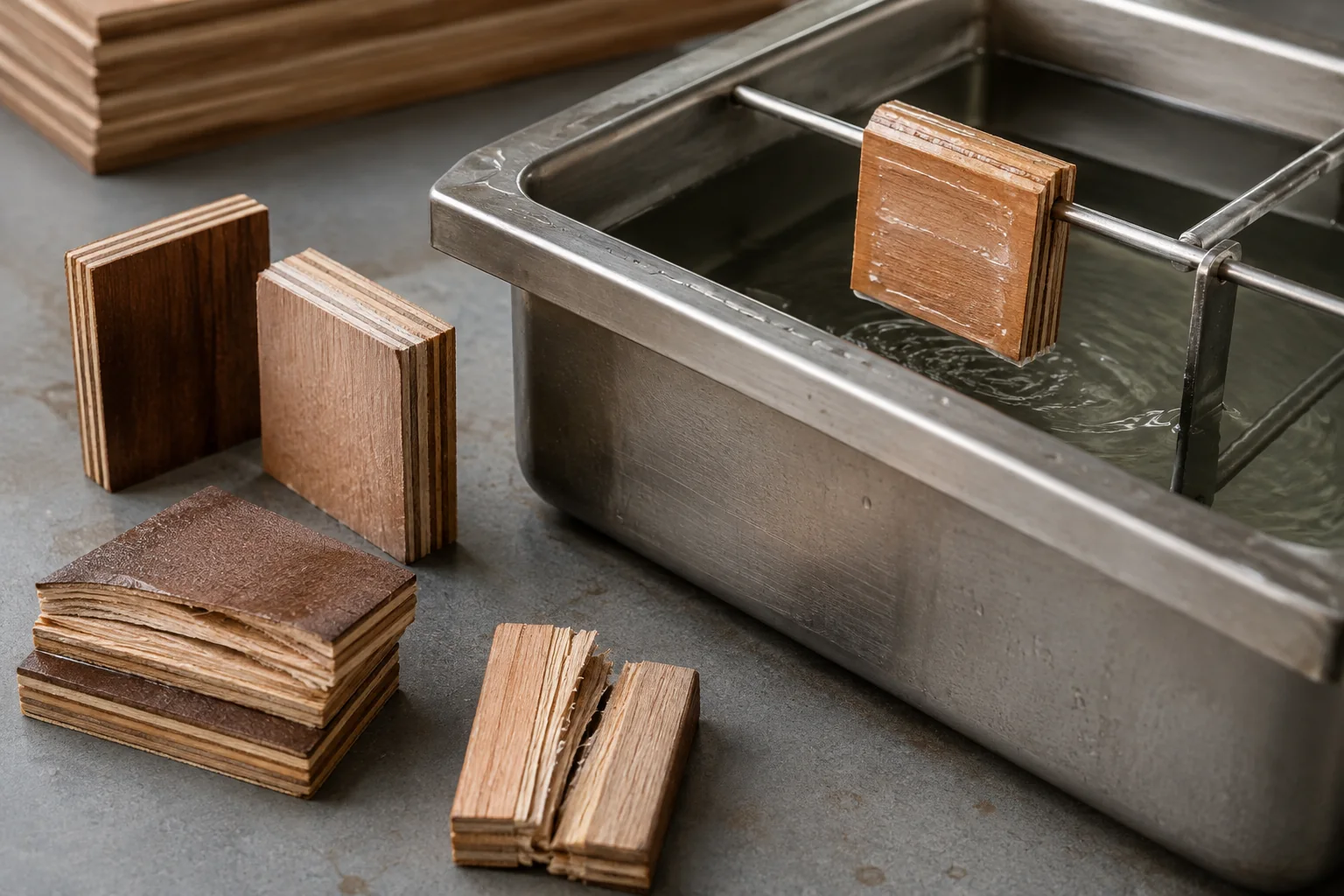 Plywood bonding-test samples beside a stainless water bath.