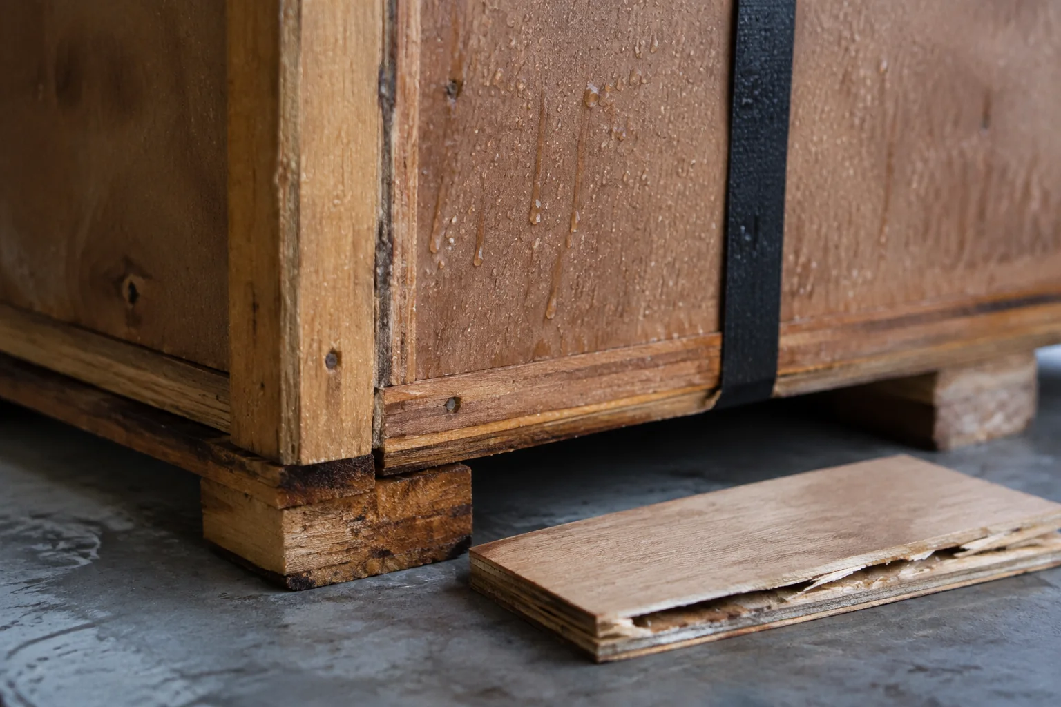 Moisture on a plywood packing-case corner and a separated edge sample.