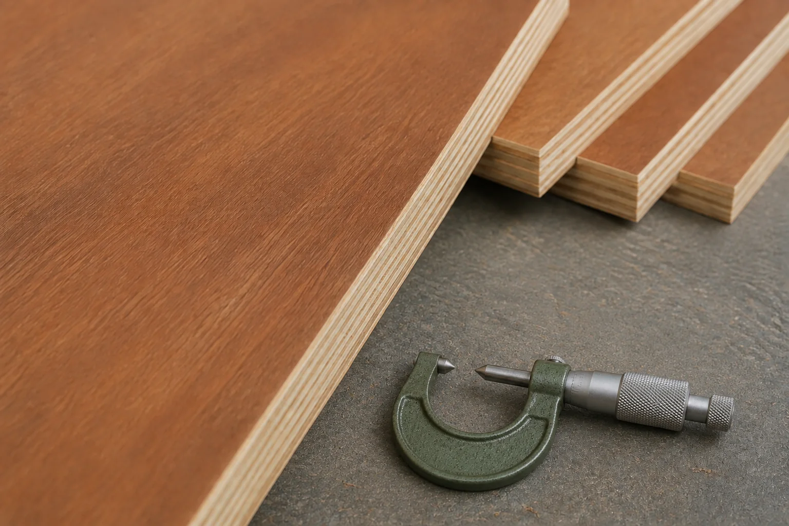 Even-thickness plywood samples with a micrometer resting beside them.