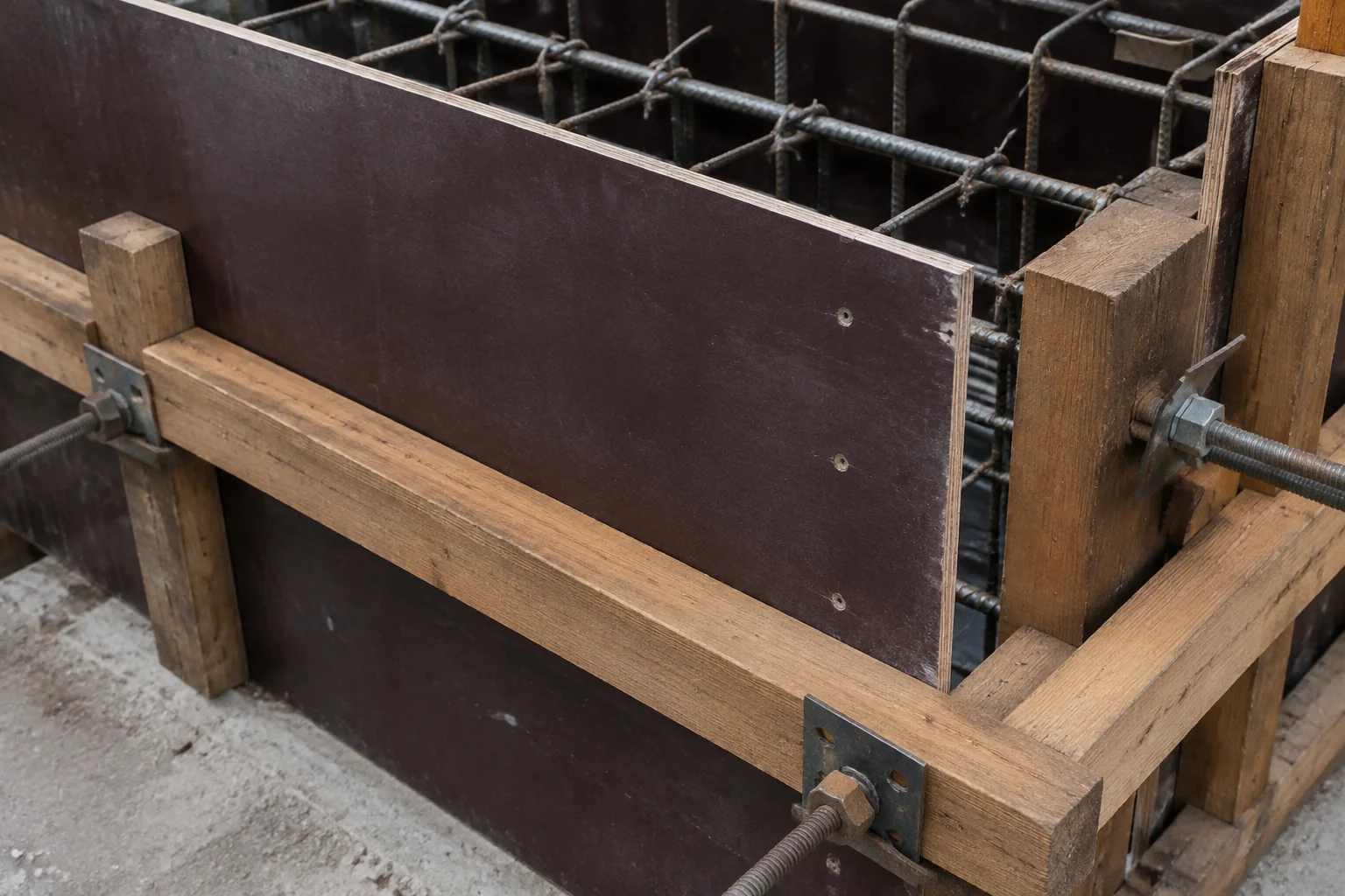 Film-faced plywood with timber walers and steel formwork fixings.