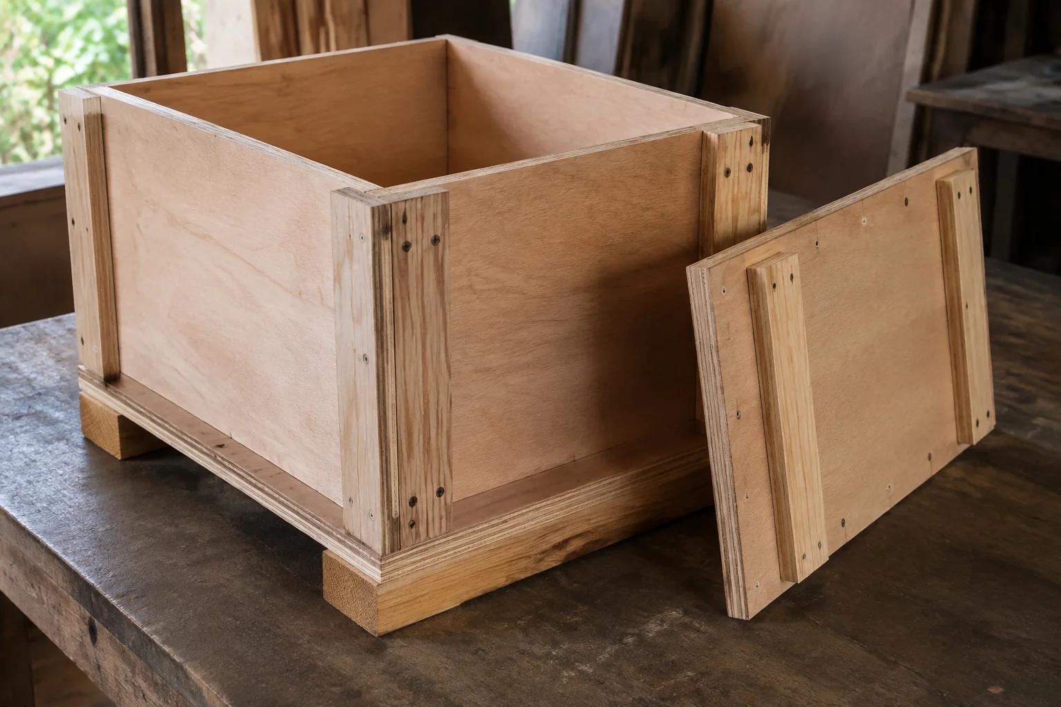 Plywood box panels with solid-timber battens and skids.