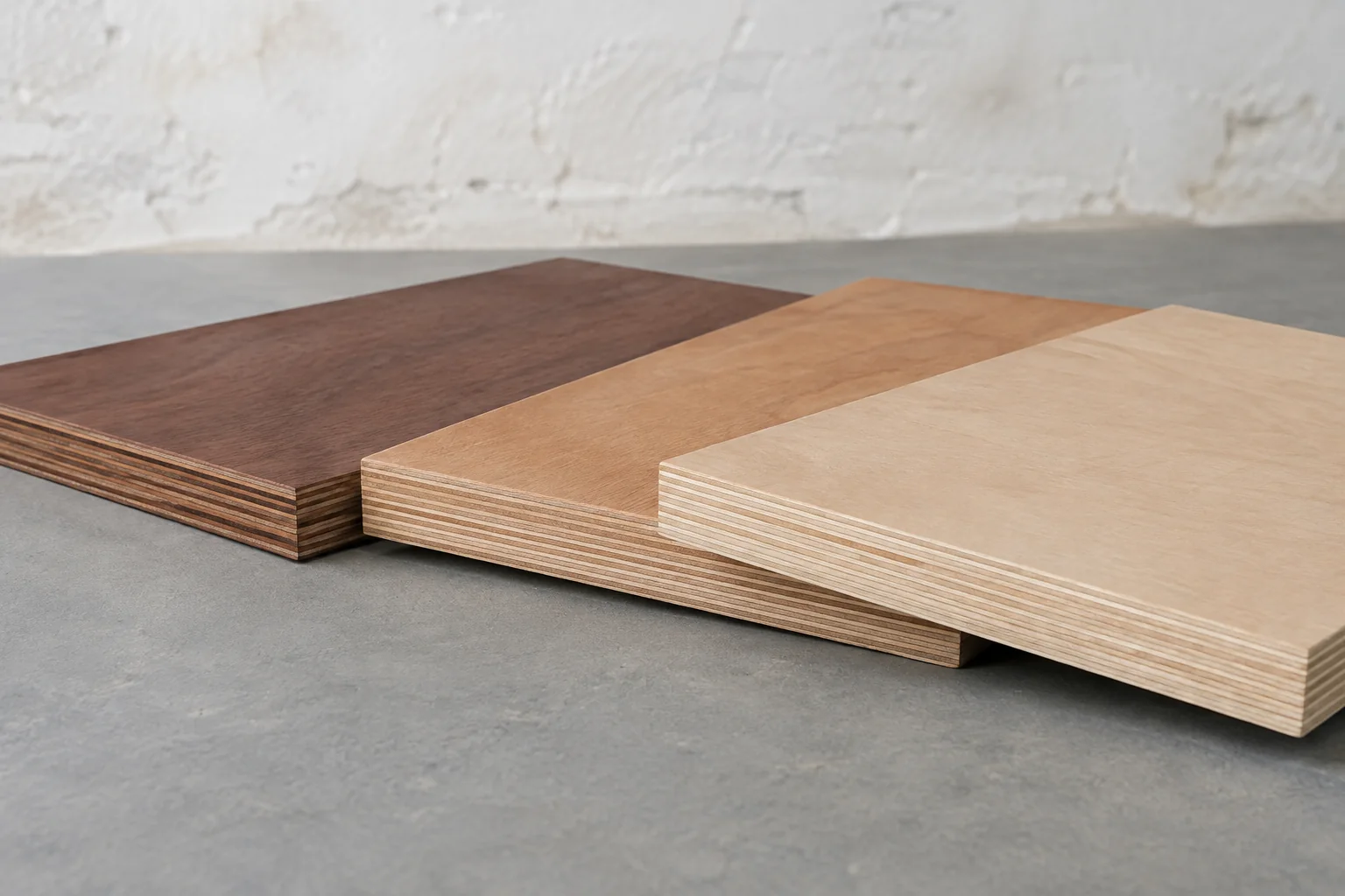 Three flat plywood offcuts showing differently coloured core veneers and straight layered edges.