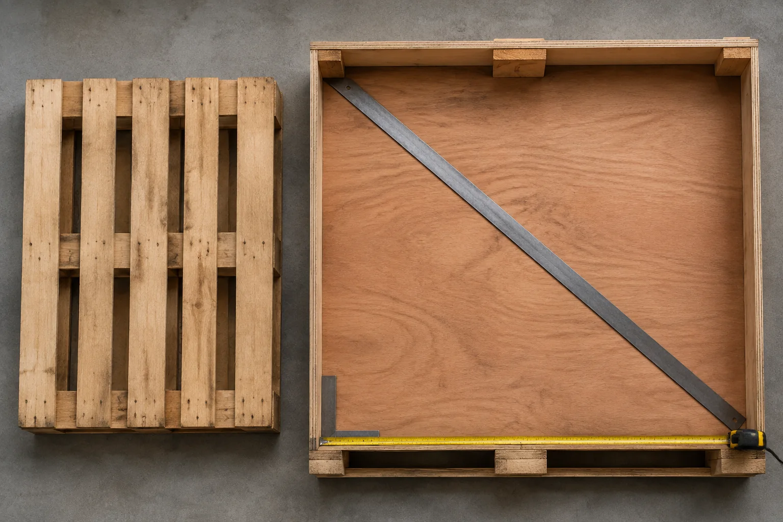 Pallet and crate base arranged with measuring tools.