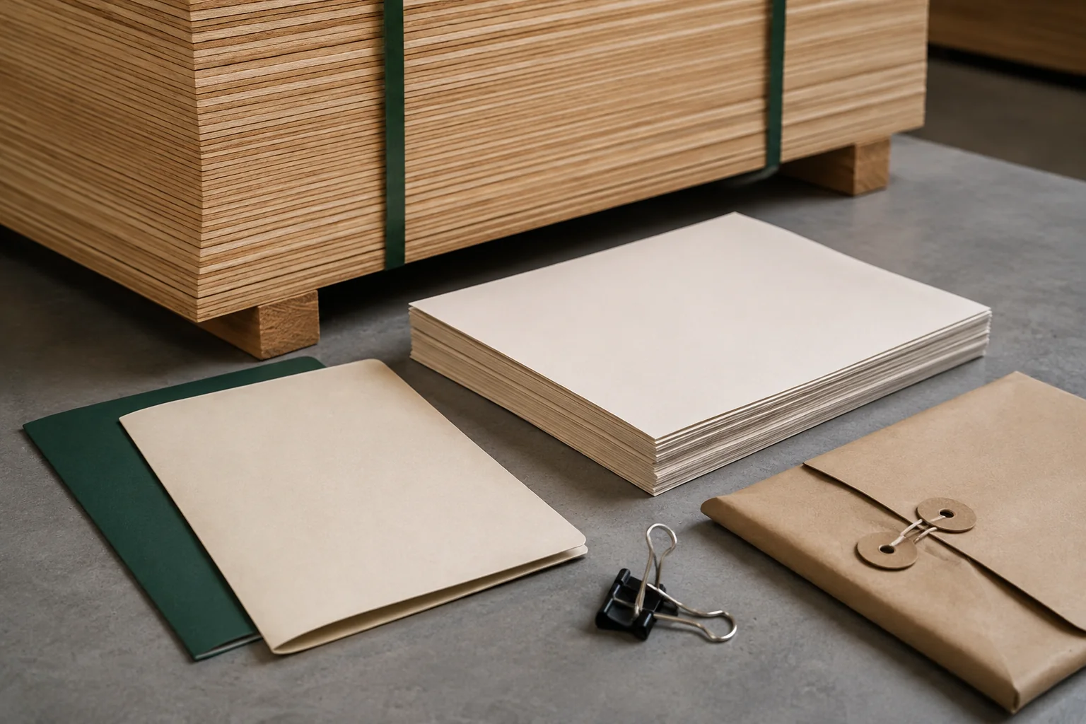 Plain document folders and a dispatch pouch beside a plywood bundle.