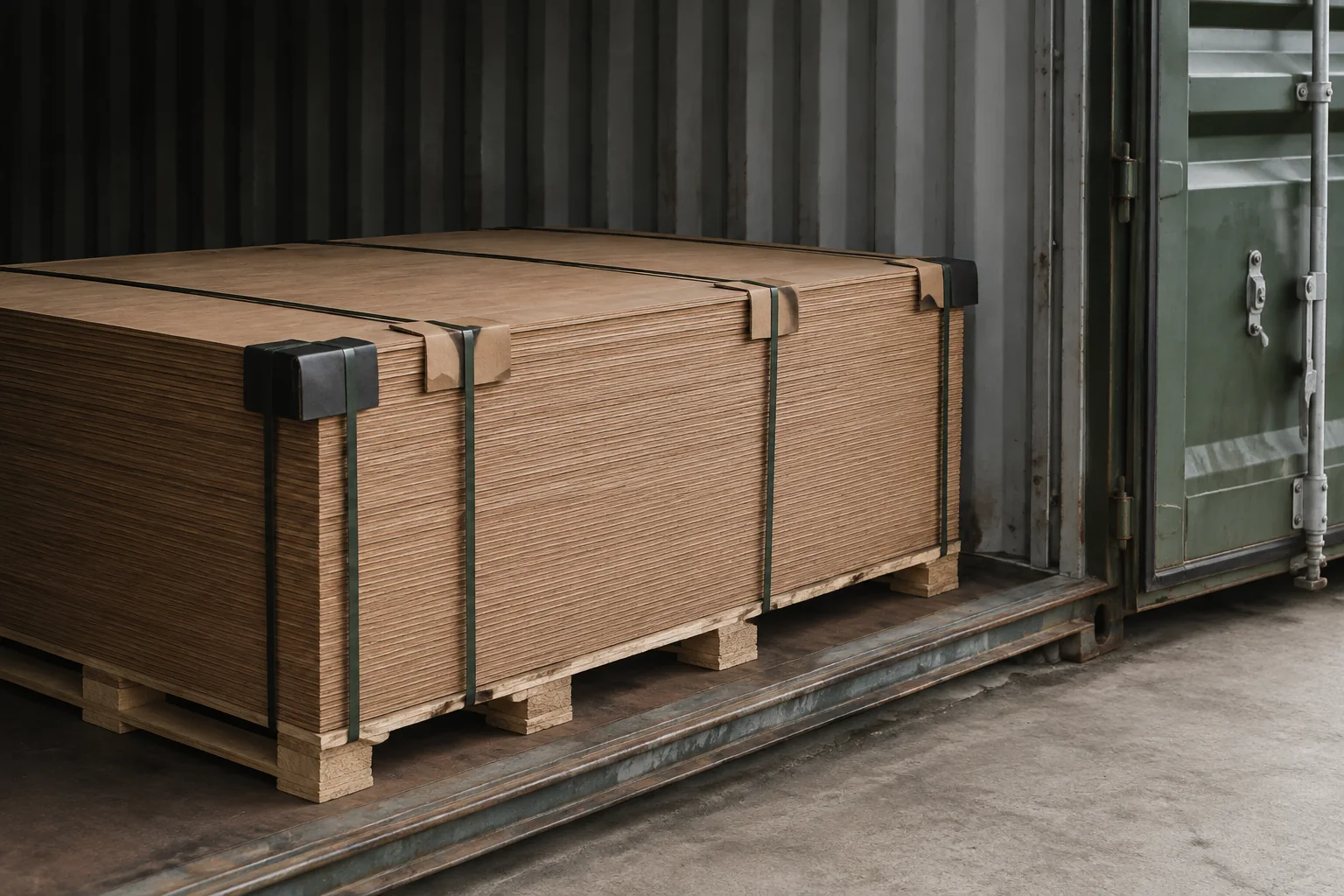 Protected plywood bundle at the threshold of a freight container.