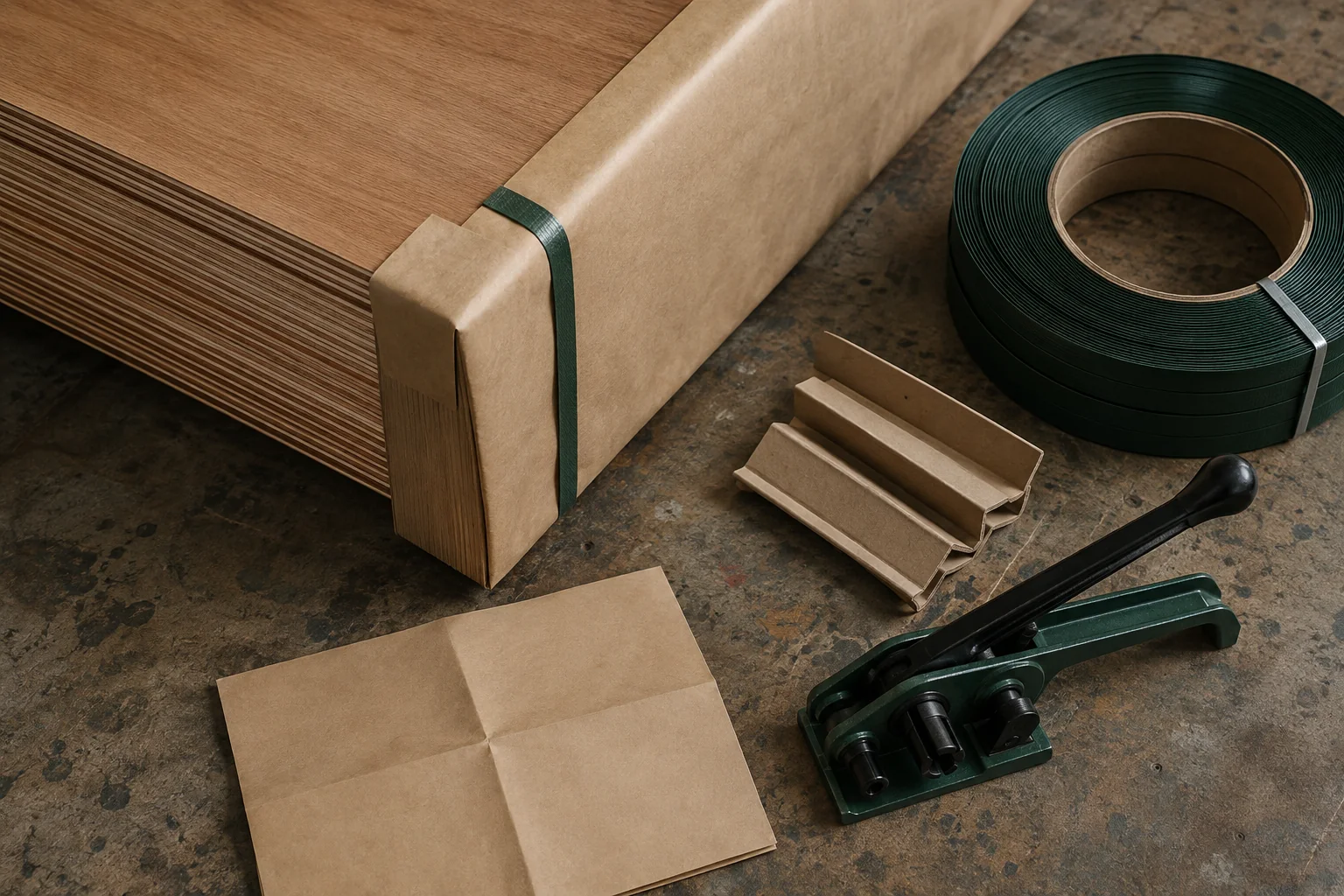 Kraft wrapping, straps, edge protectors and a tensioning tool beside plywood.
