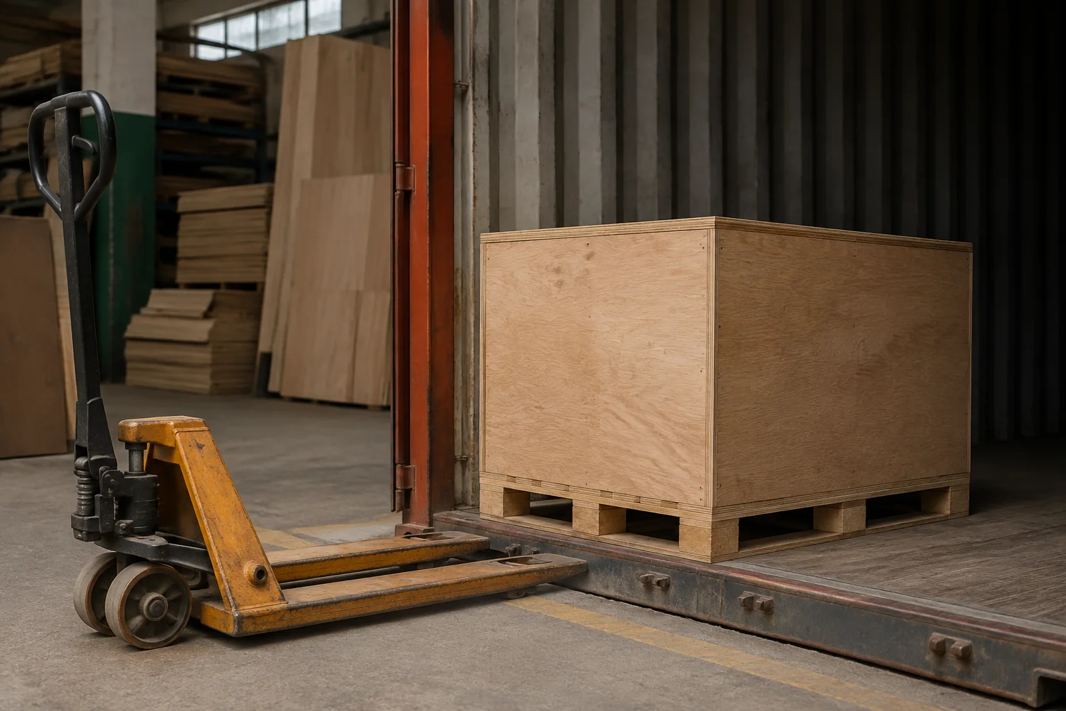 Plywood crate on a pallet at a loading threshold with a pallet jack.