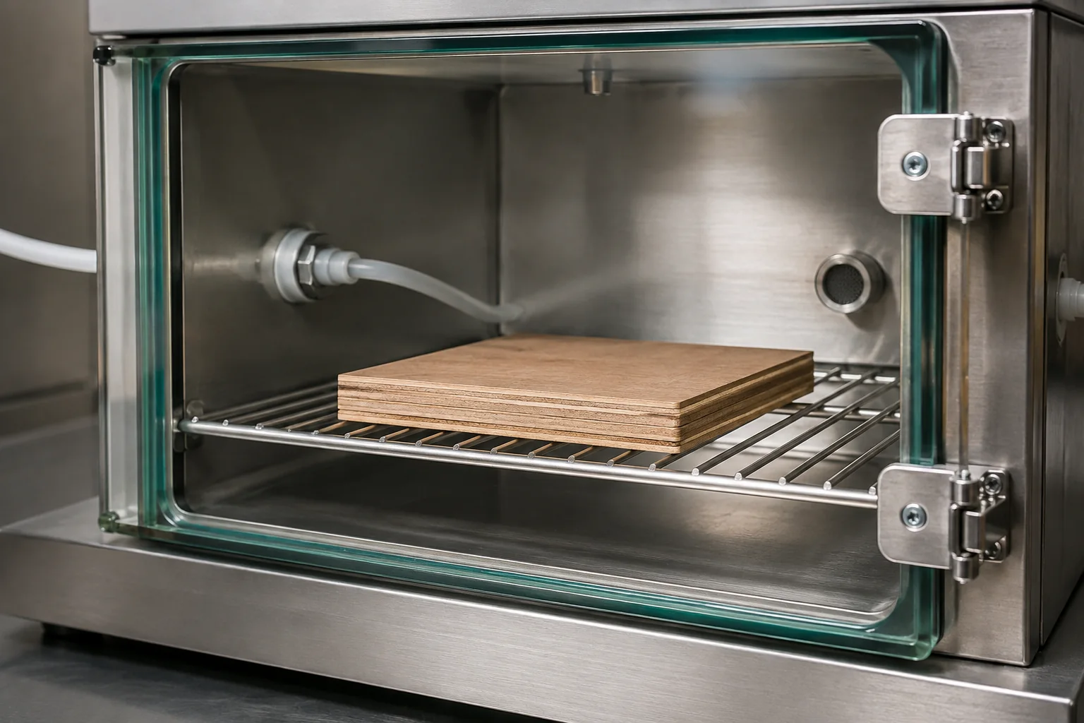 Plywood sample inside a compact emissions-testing chamber.