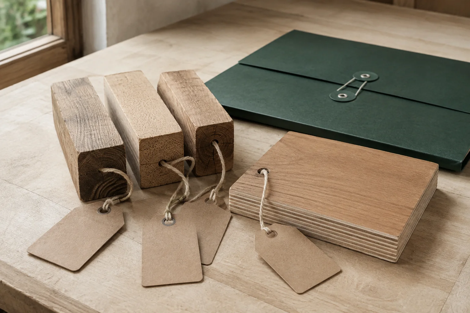 Tagged timber offcuts and a plywood sample beside a document folder.