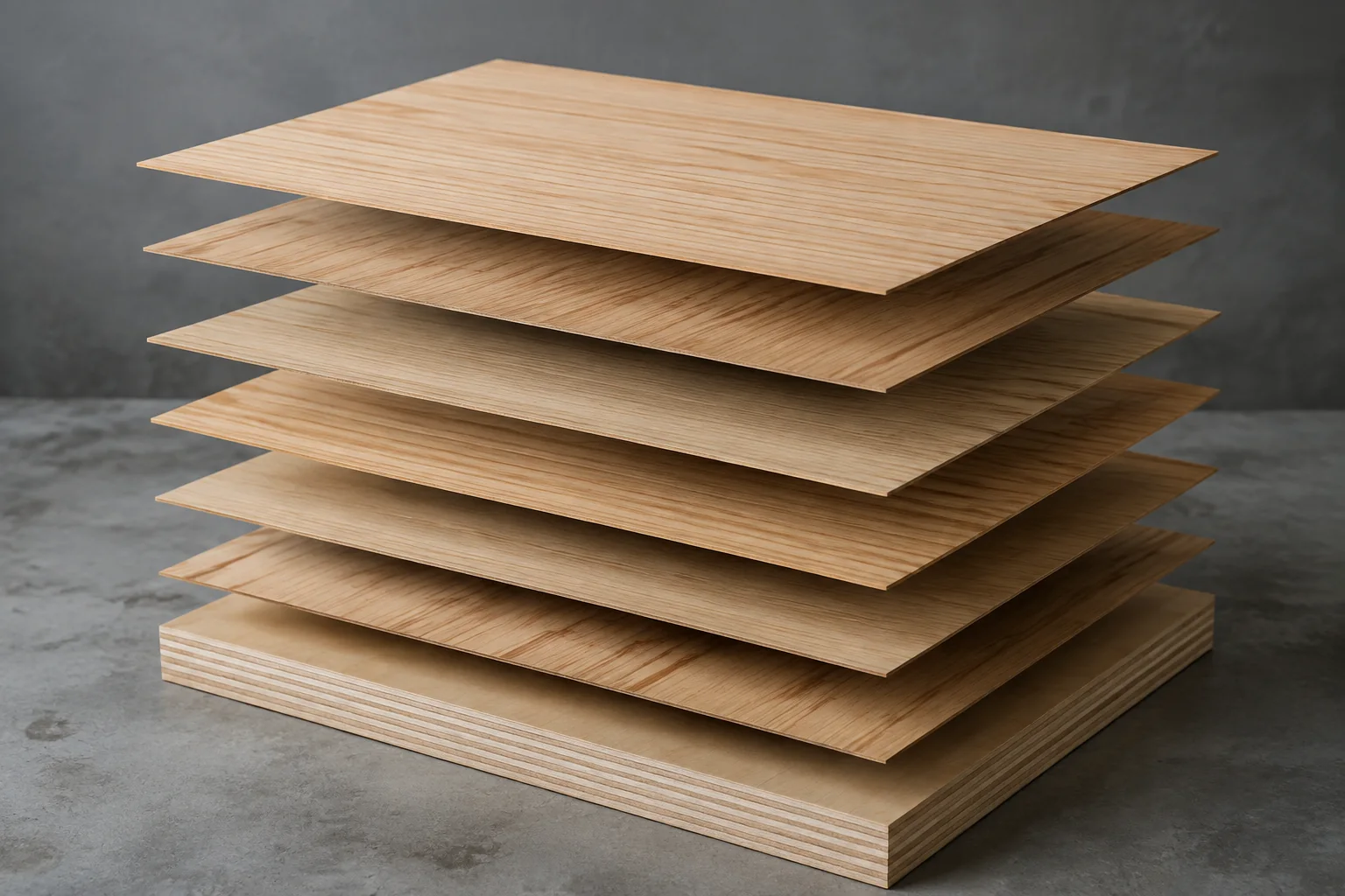 Separated veneer layers above a finished plywood panel.