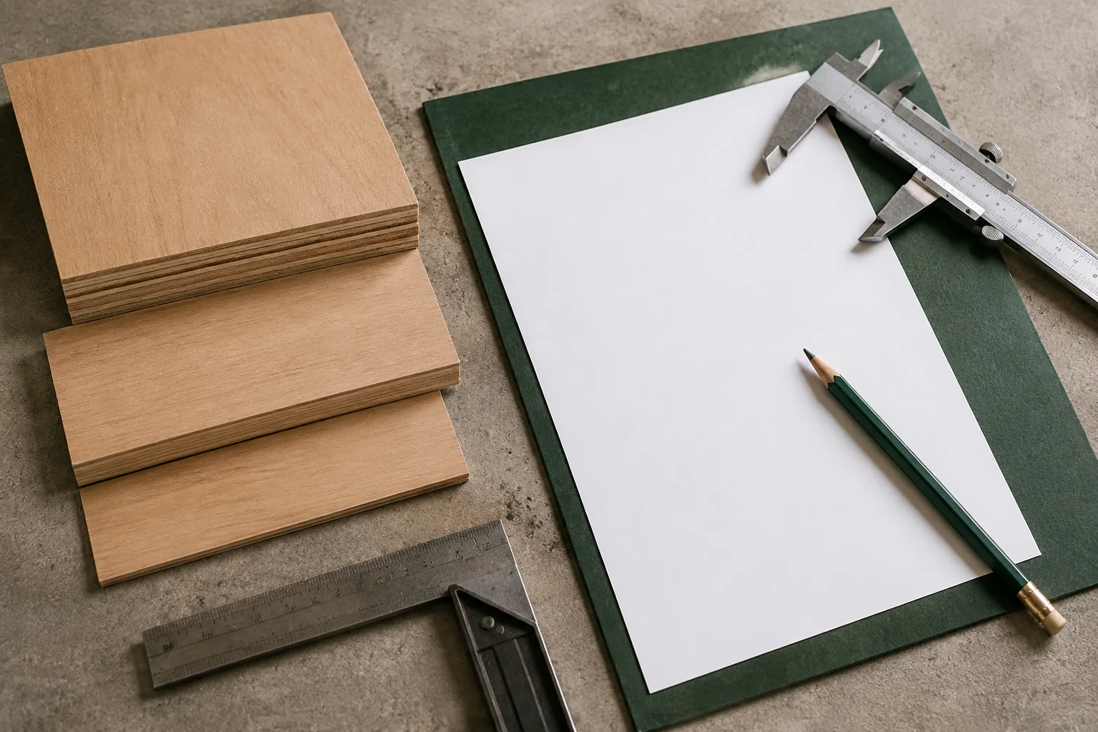 Plywood samples, measuring tools and a blank specification sheet.