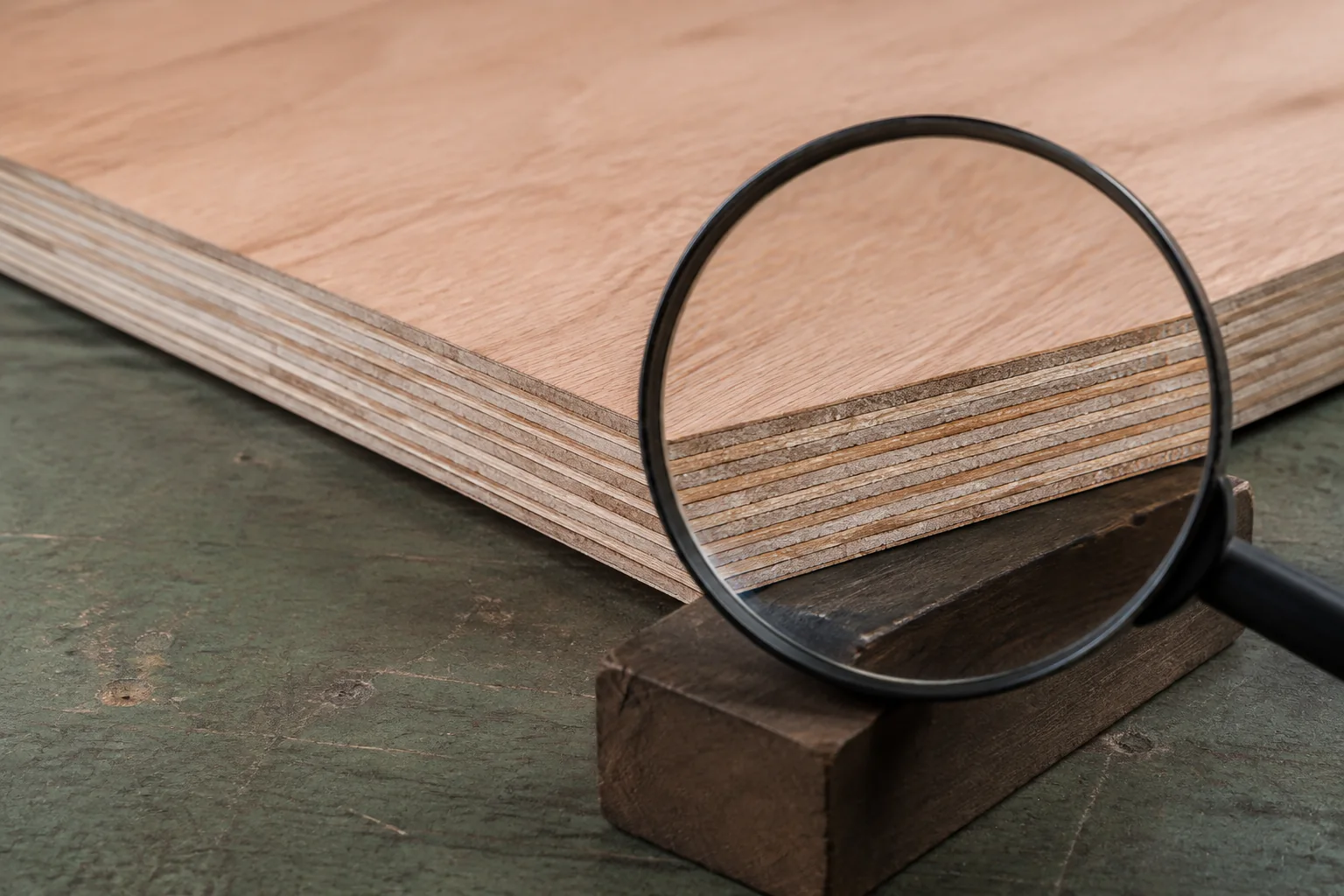 Magnifier examining the unmarked face and layered edge of a plywood sample.