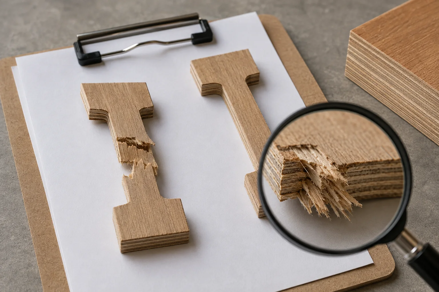 Fractured and intact plywood test coupons beside a blank report sheet.