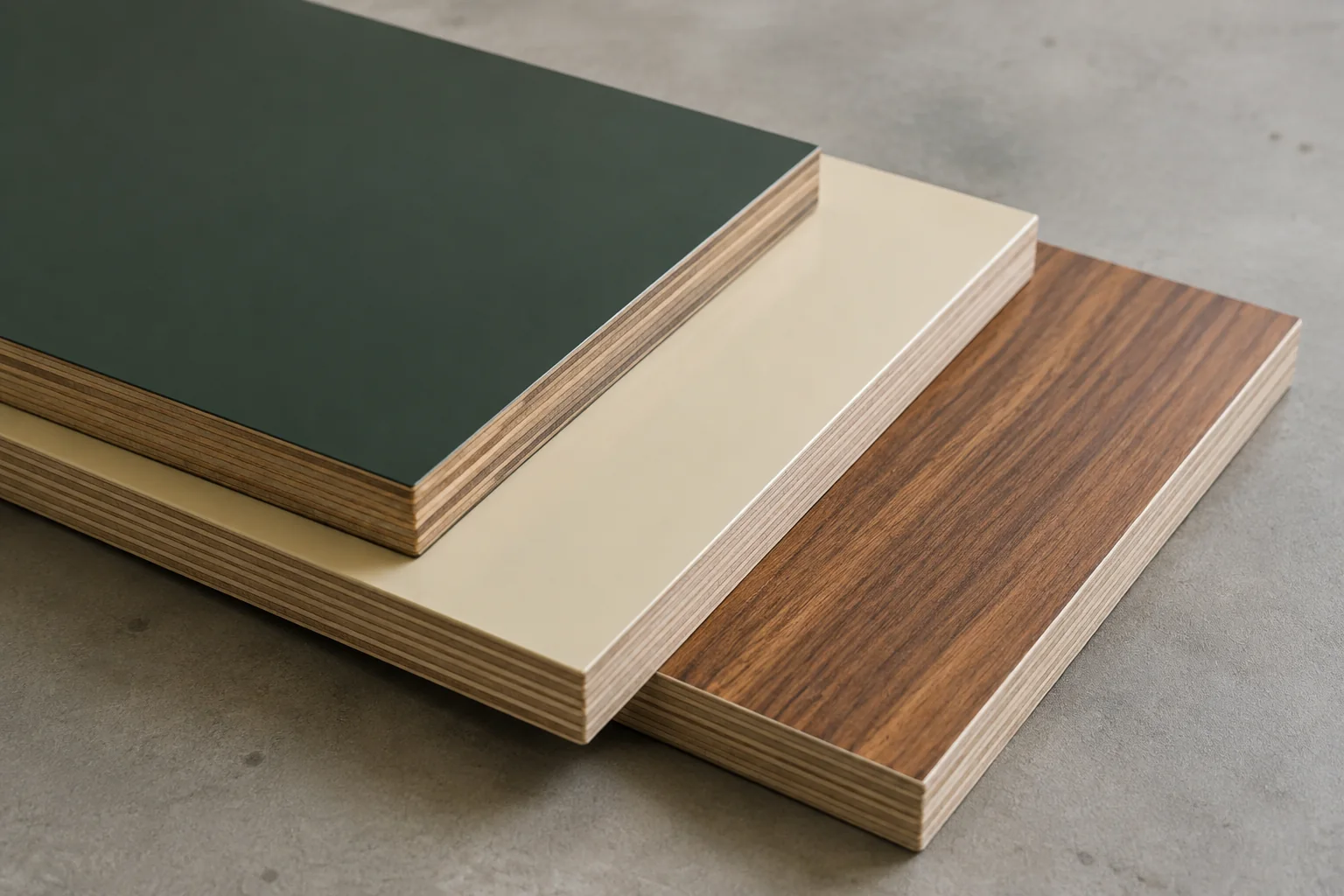 Matte green, ivory and clear wood-grain furniture finish samples.