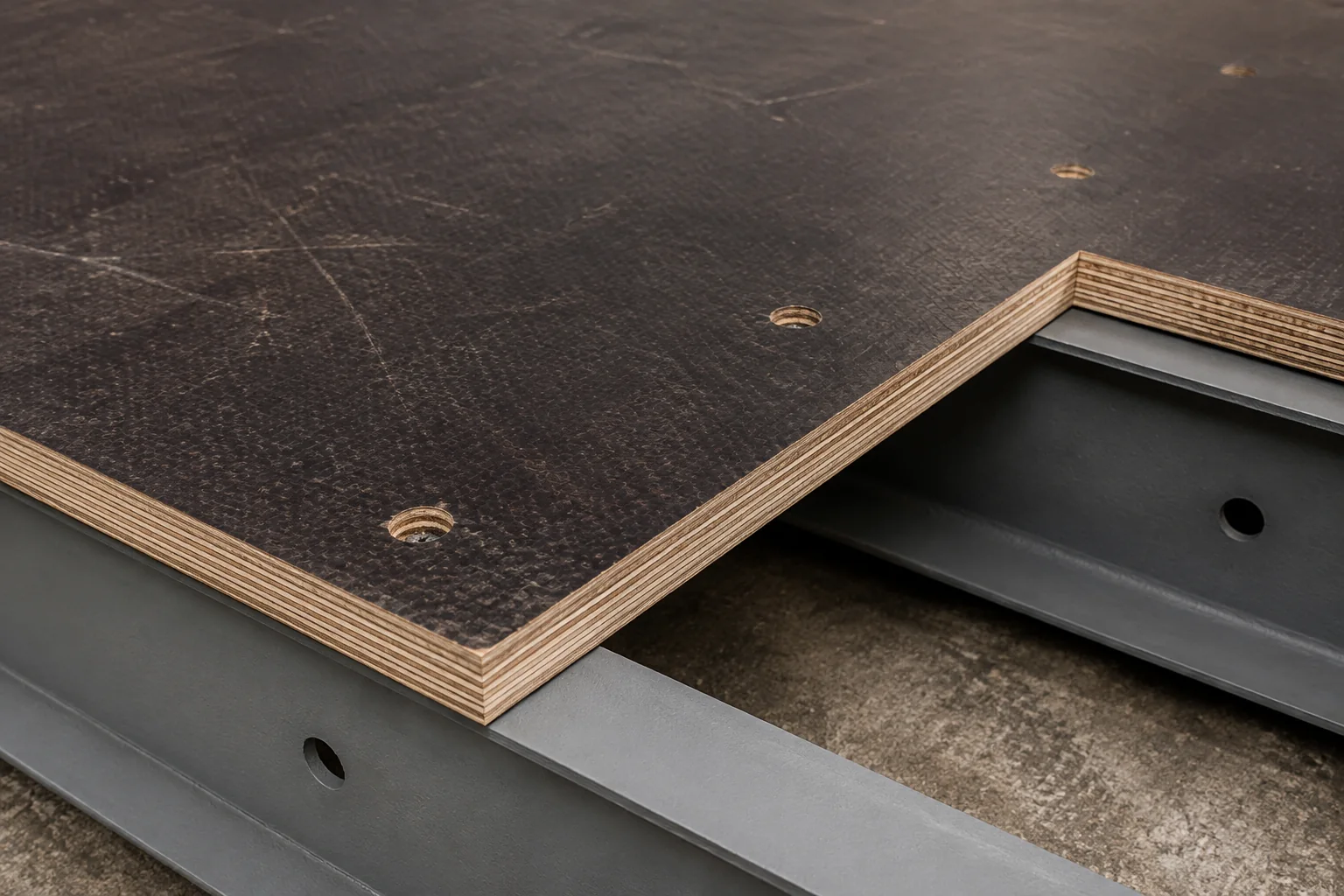 Layered plywood floorboard supported by steel cross-members.