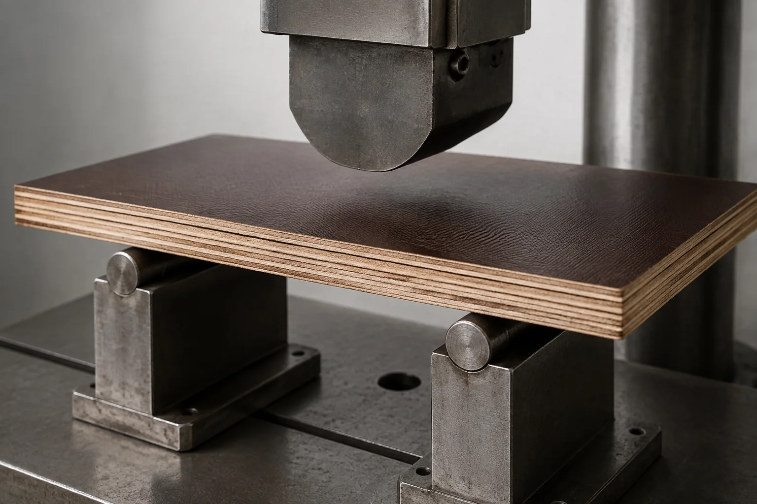 Film-faced panel positioned on a mechanical bending-test fixture.
