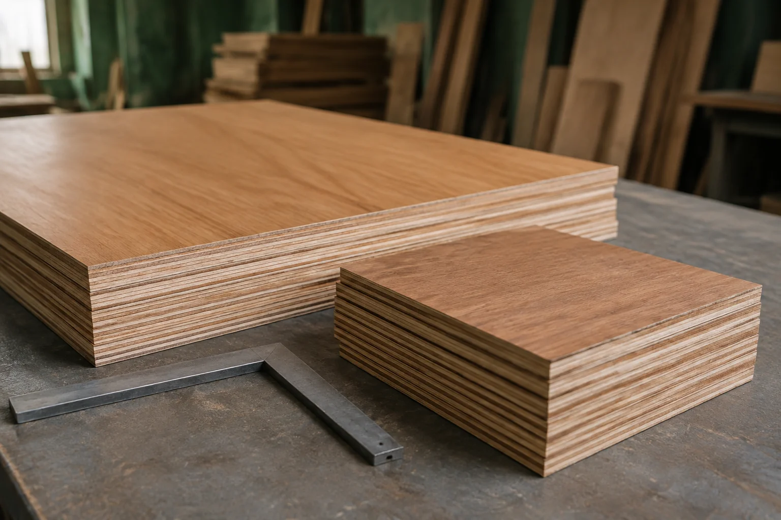 Plywood sample stacks showing natural veneer faces and layered edges on a workshop bench.