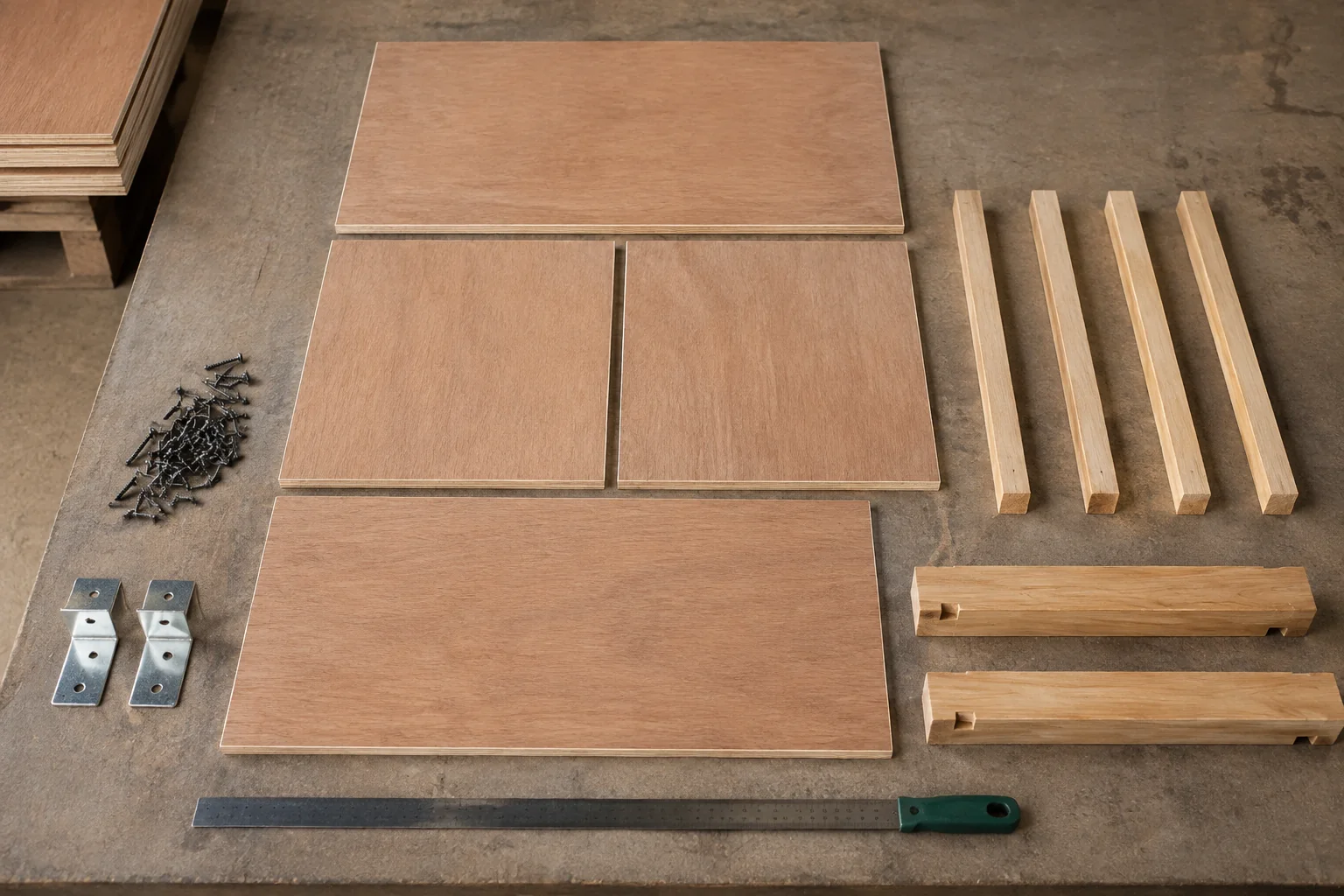 Cut plywood panels, battens, skids and fixings arranged before assembly.