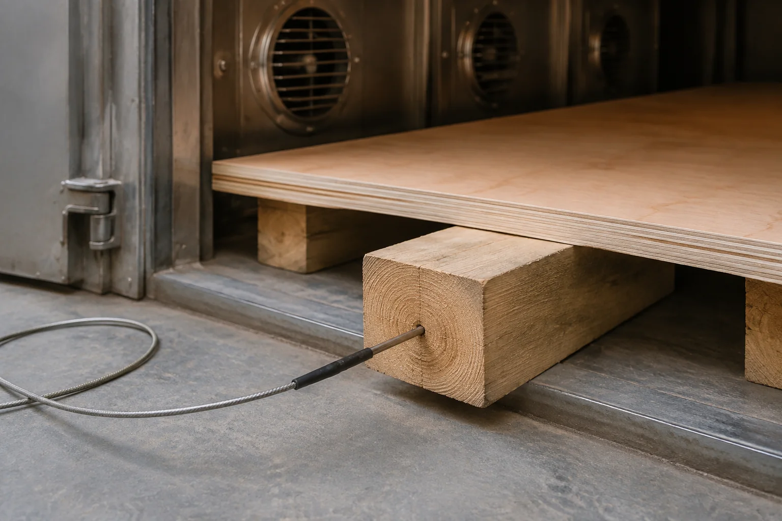 Timber bearer with a temperature probe beside an engineered panel.