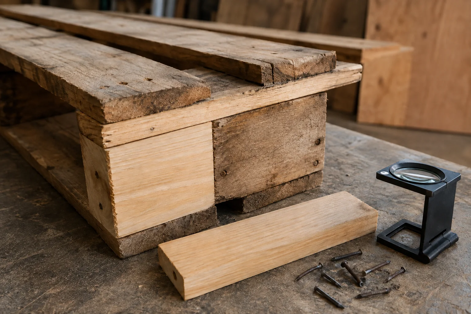 A replaced timber batten beside an older pallet corner and inspection tools.