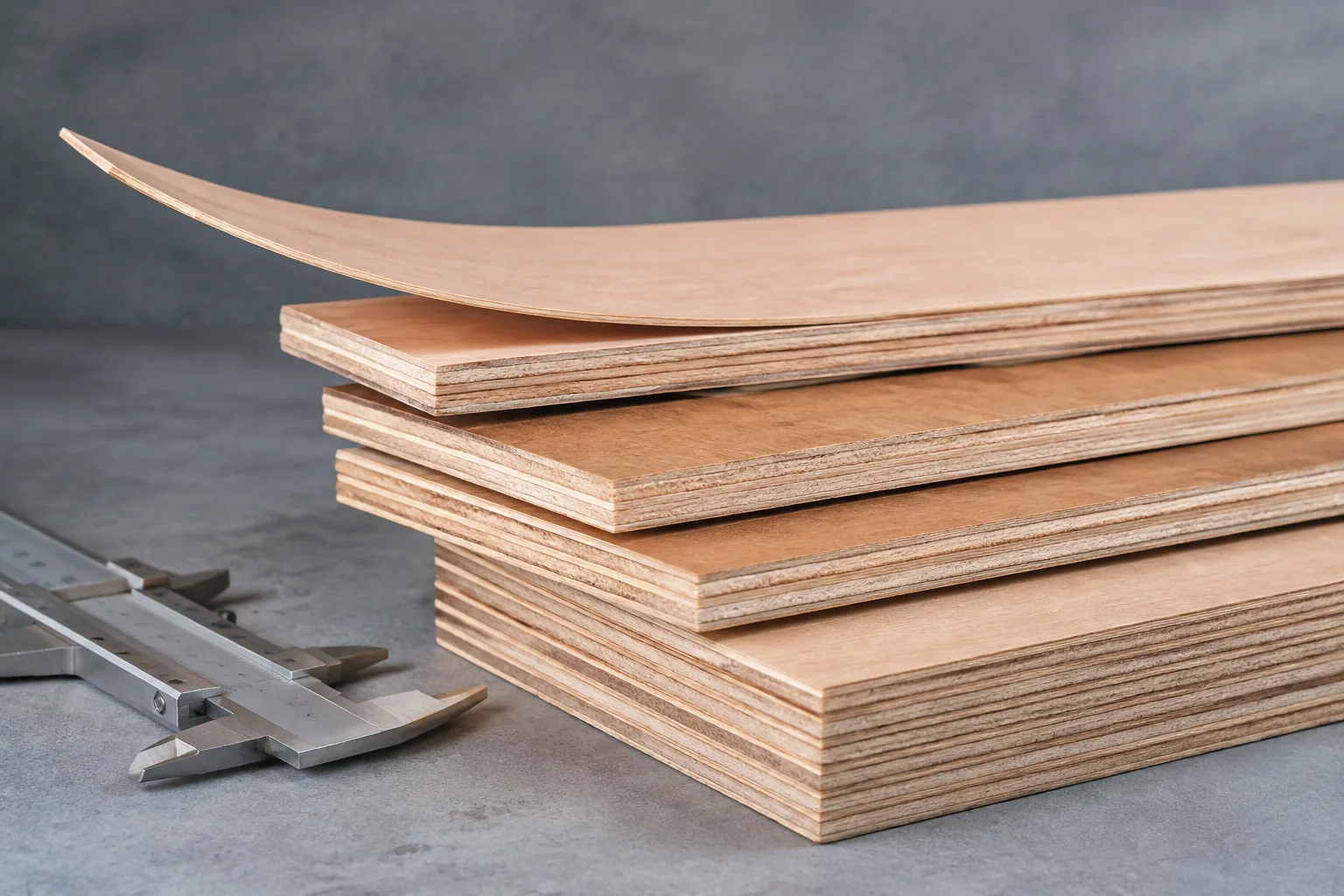 Progressively thicker plywood edge samples and a gently curved thin sheet.
