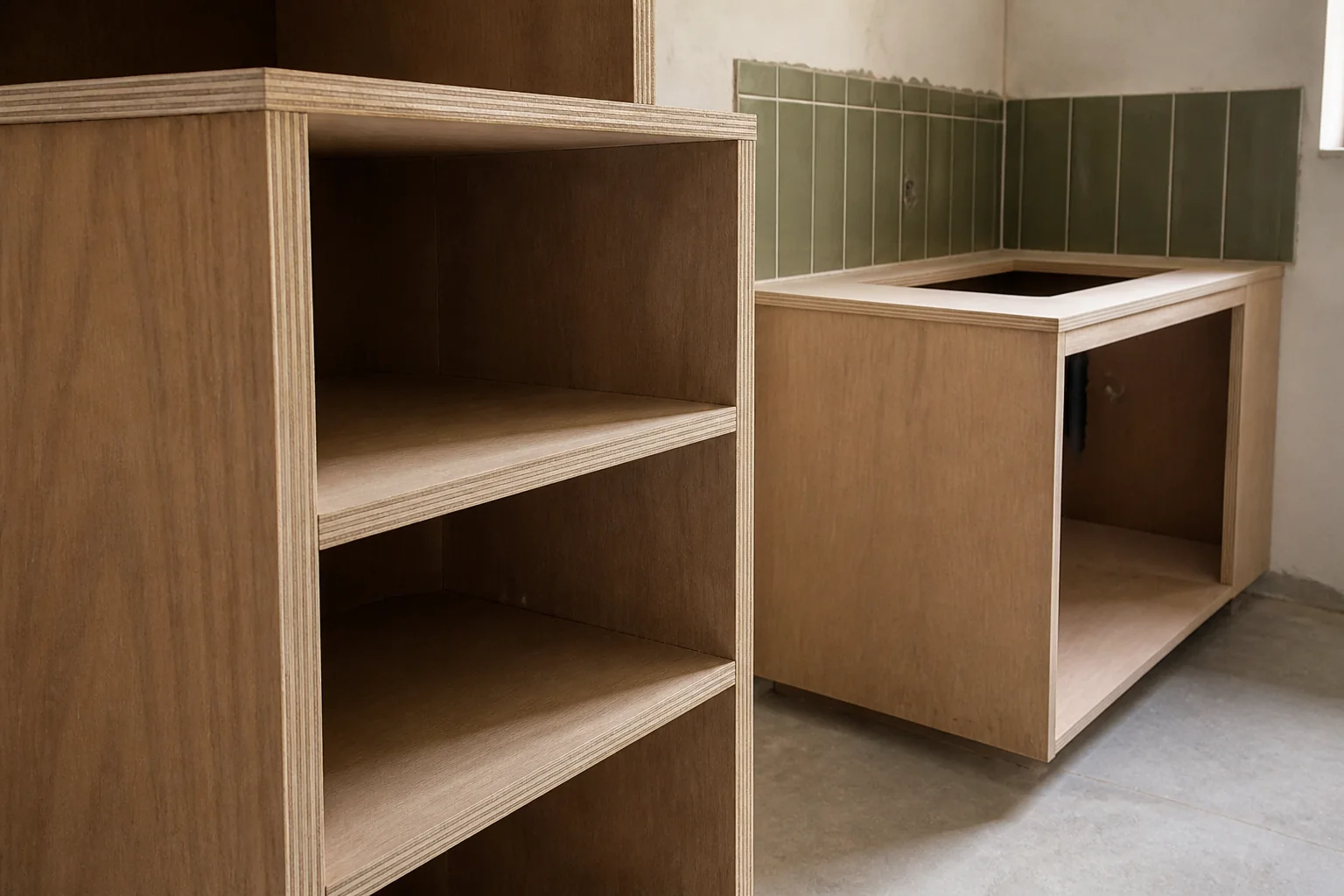 Plywood shelving and a sink-base carcass during an interior fit-out.