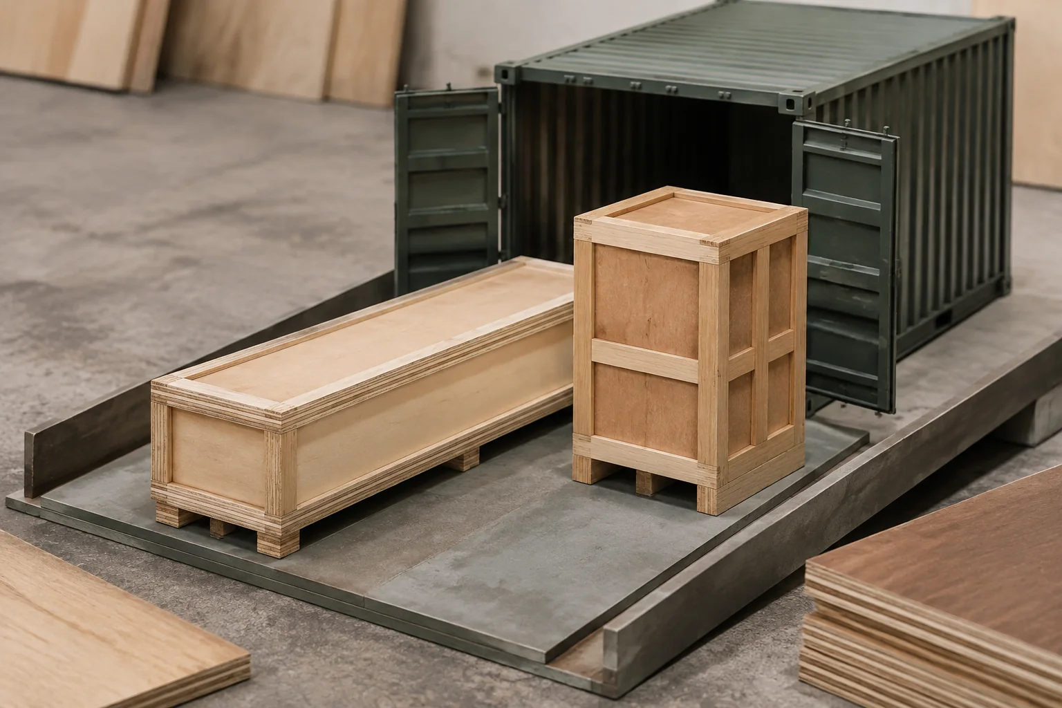 Scale planning models of different cargo cases beside a container.