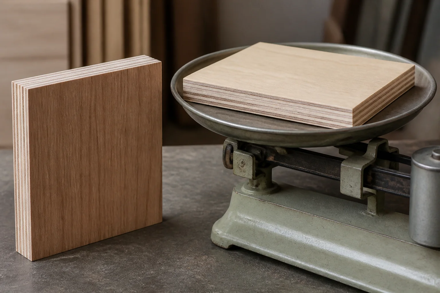 Veneer-faced plywood samples beside a mechanical balance.