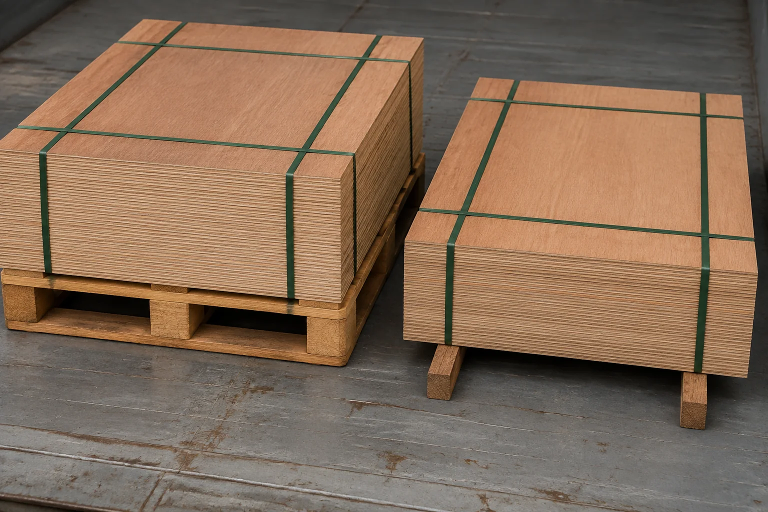 Matching plywood bundles supported by a pallet and slim dunnage runners.