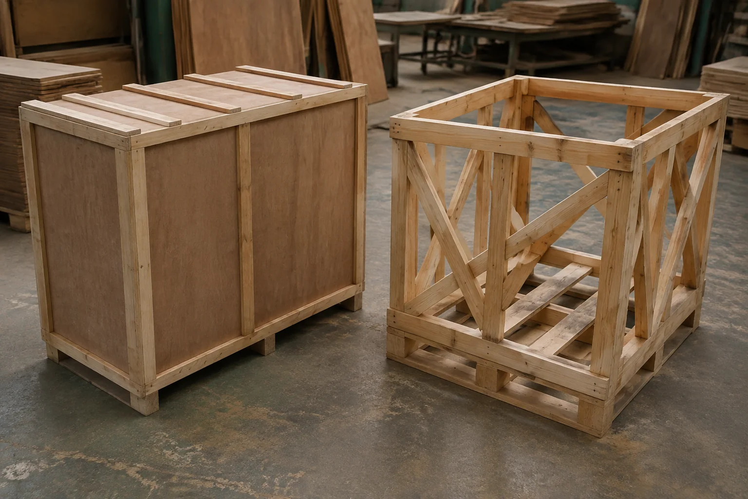 Closed plywood box beside an open timber skeleton crate.