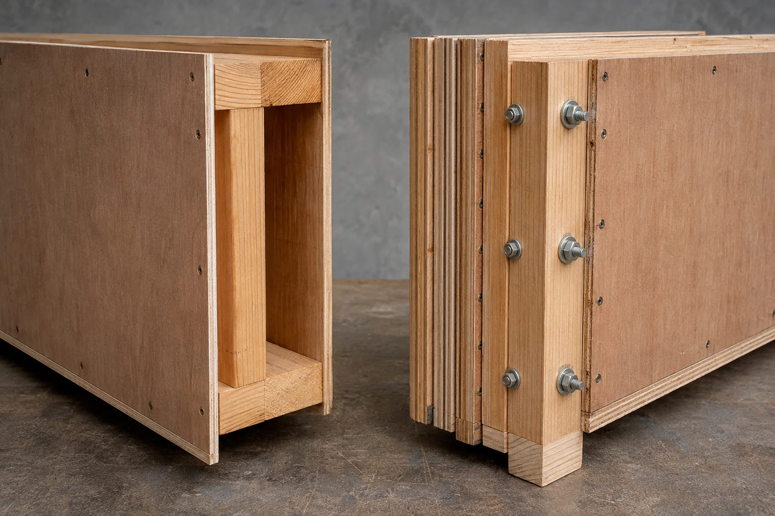 Cutaway corners comparing reinforced and built-up plywood crate walls.