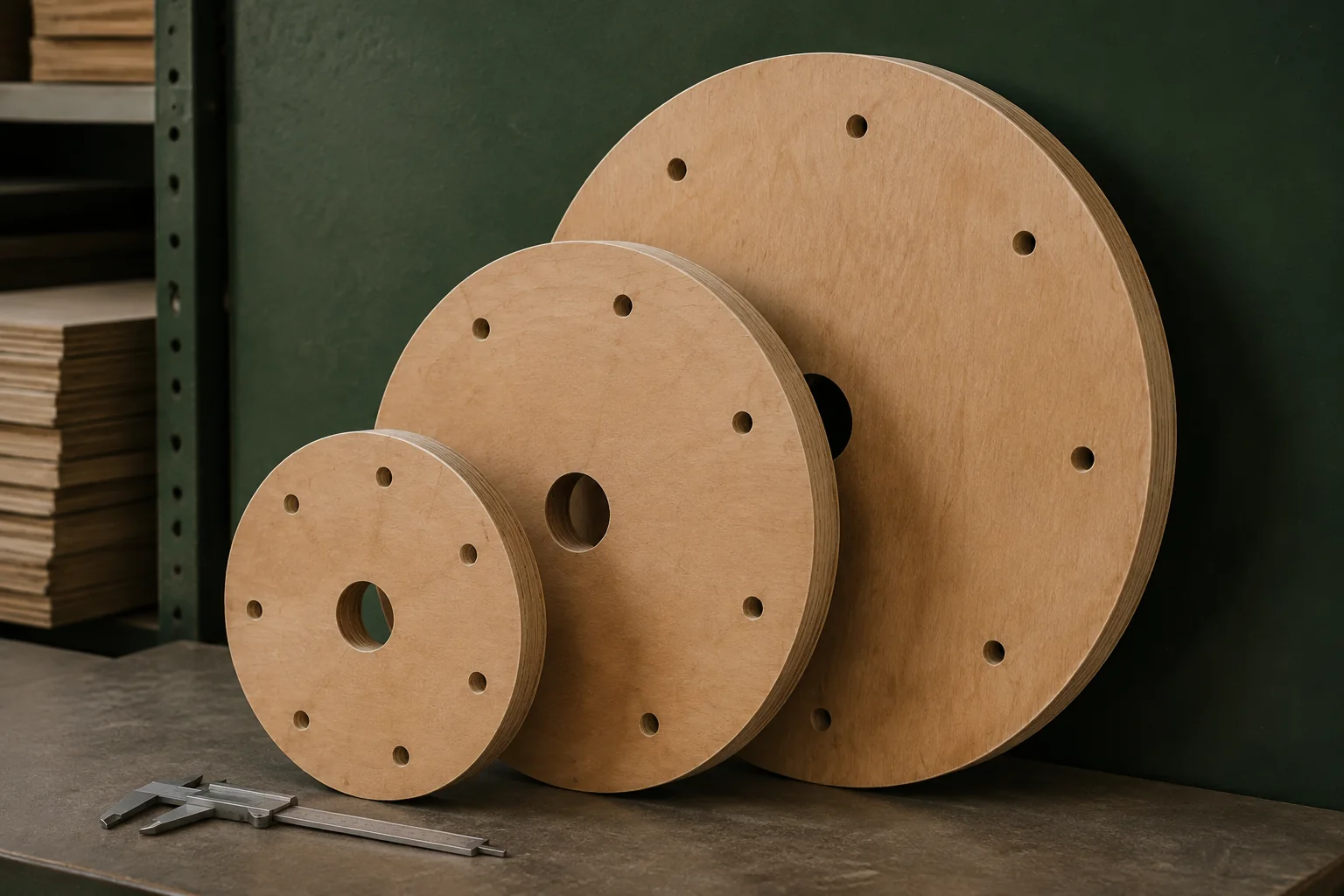 Circular plywood cable-drum flanges with spindle and fixing holes.
