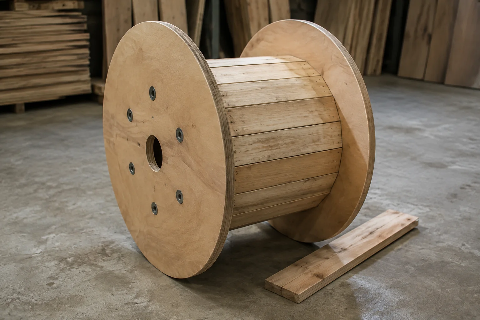 Complete plywood-flange cable drum with a timber-stave barrel.