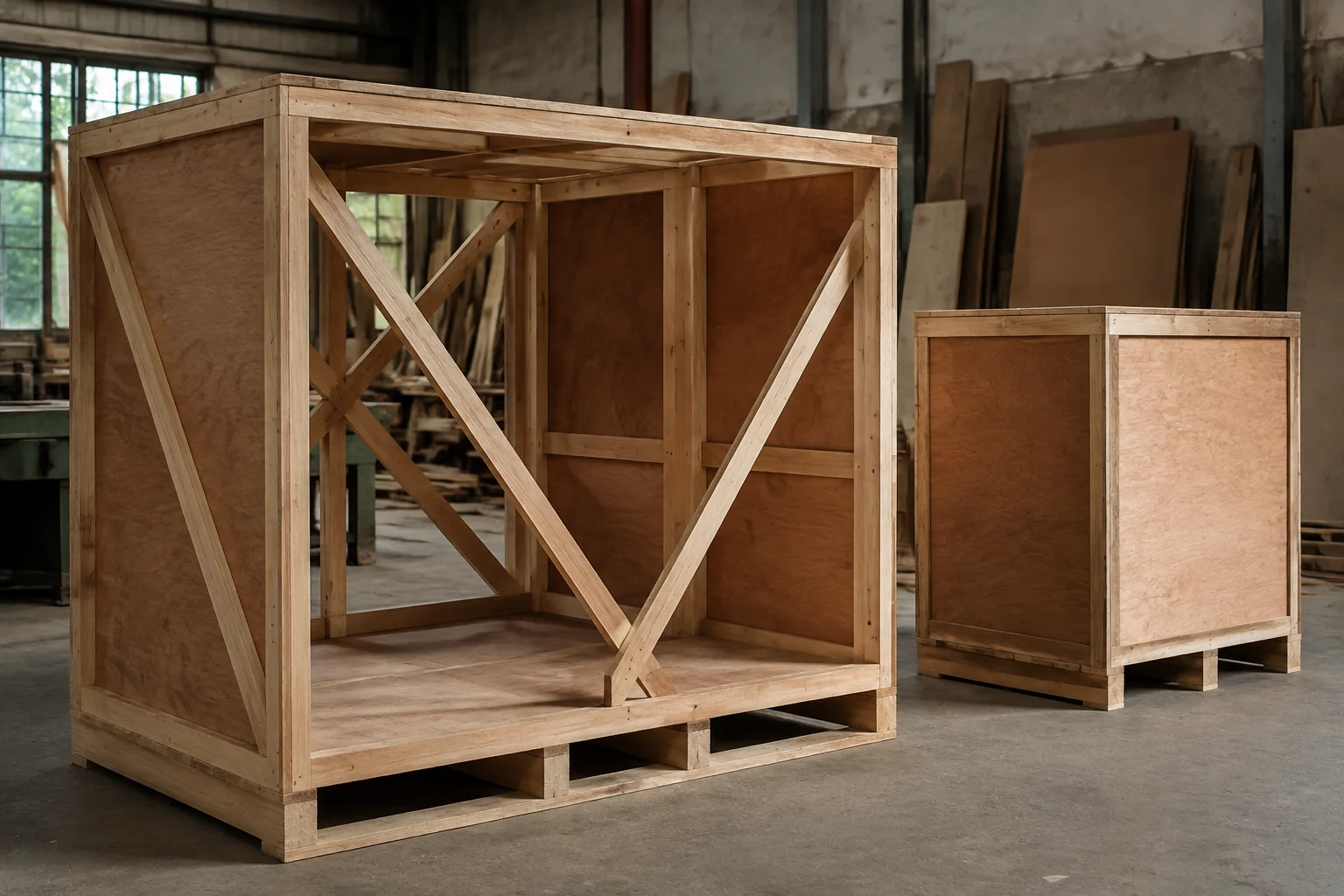 Large braced plywood crate and a smaller closed packing case.